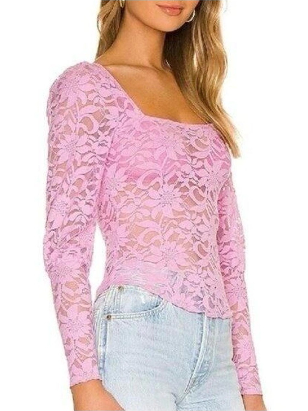 Free PeoplePink Lace Long-Sleeve Square Neck Top
